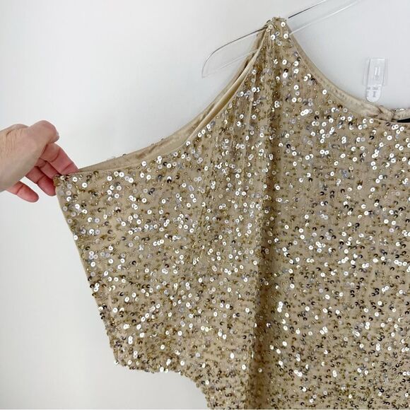 Aidan Mattox Silk Dress Gold Beaded Sequin Cold Shoulder Mini Cocktail Prom Sz 2 - Picture 4 of 15